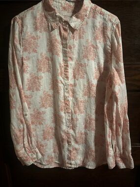 Shabby Chic White Button-Down Shirt with Pink Rose Print, 100% Linen
